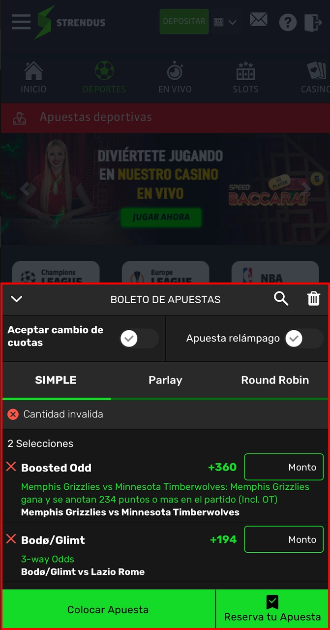 Introduzca el importe de su apuesta y confírmela en Strendus.