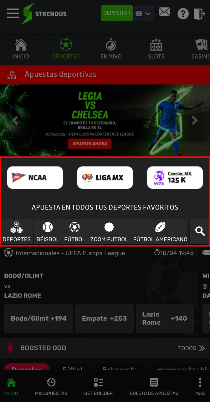 Seleccione la liga y el deporte al que desea apostar en Strendus.