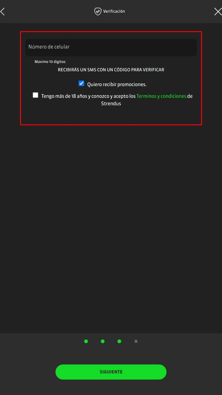 Confirme su número de teléfono y acepte las reglas del casino Strendus para completar el registro.