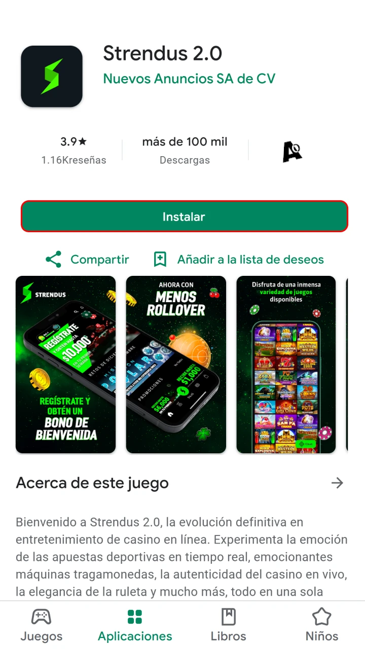 Pulsa instalar y espera para descargar la app oficial Strendus.