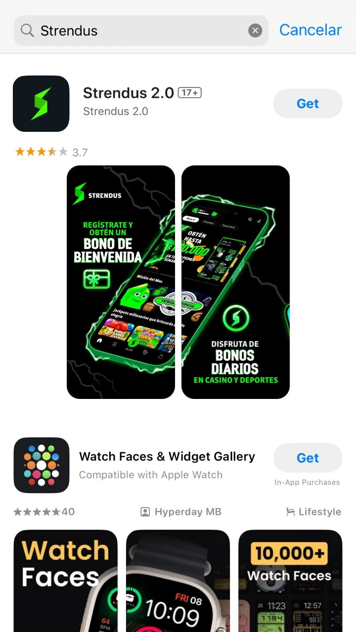 Escribe Strendus en la barra de búsqueda de la App Store.