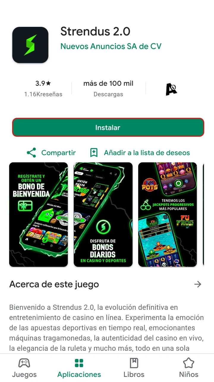 Pulsa instalar y espera para descargar la app oficial Strendus.